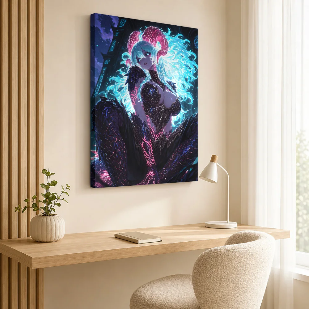 Horned Demon Girl with Glowing Hair Framed Canvas Print Poster Custom Dark Anime Wall Art for Teen Bedroom Decor Ready to Hang