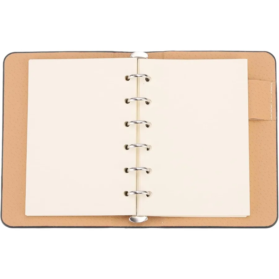 غطاء دفتر ملاحظات جلدي مكون من 6 حلقات مقاس A7، مخطط صغير قابل لإعادة الملء من أوراق الشجر السائبة مع 50 ورقة باللون الأسود