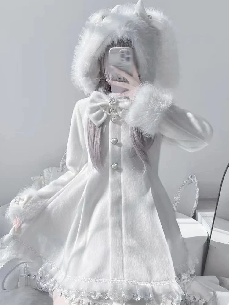 

Winter New Sweet Sle Removeable Rabbit Ear Hooded Woolen Coat for Women Knot Design Casual Warm Long Sve Coat