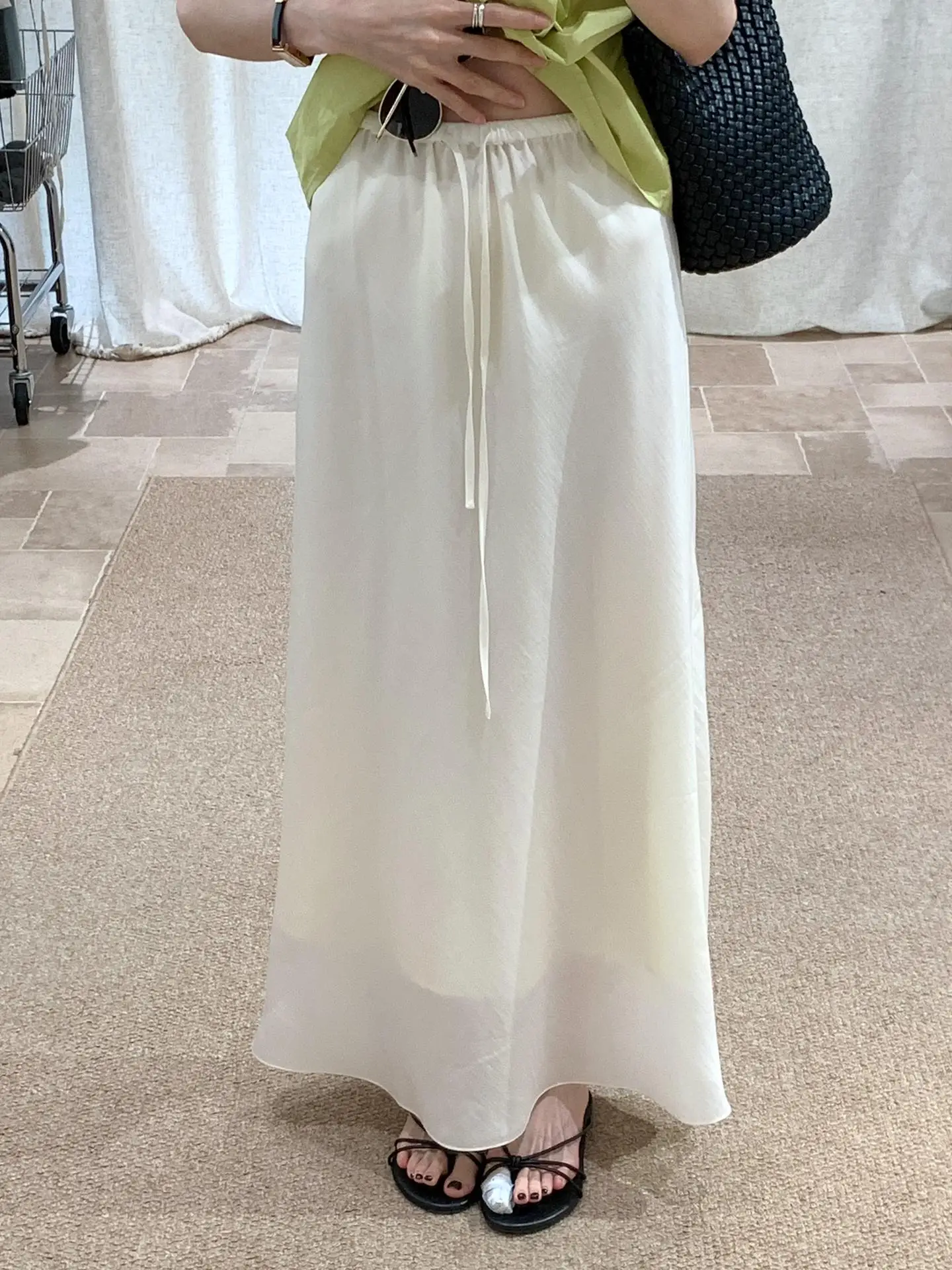 

BRIVIN Korean Sle High Waist Me Belted A-Line Skirt Women's Summer New Loose Waist Midi Skirt in Beige Color