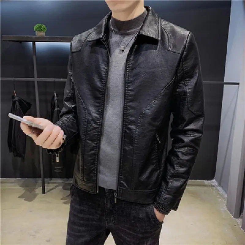 

Men Split Leather Jacket Nice Pop Spring and Autumn Pop Design Slim Pocket Male Motorcycle Leather Jacket Hot Sale Fashion Coat