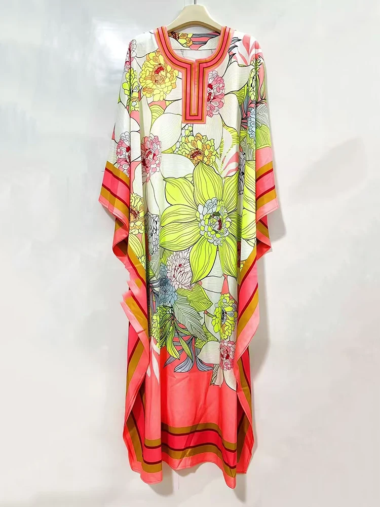 Designer's retro geometric print semi-open collar bat-sleeve pullover dress 2025 Autumn women's fashion loose puffy dress