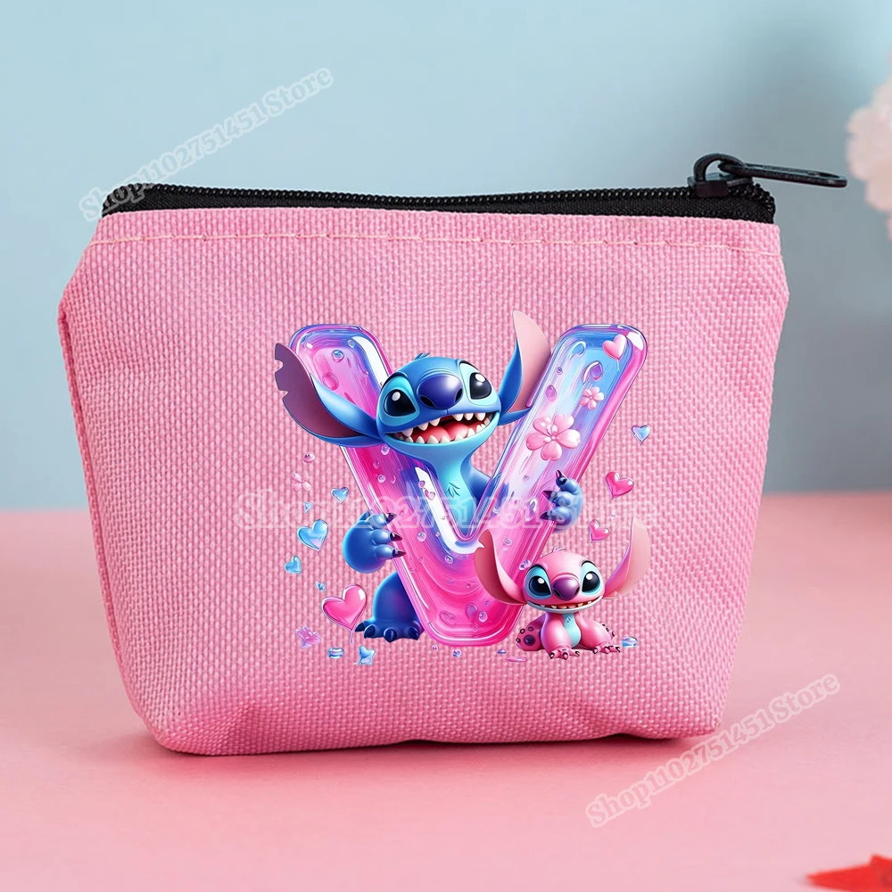 Lilo & Stitch Letter A-Z Print Pink Mini Wallet Canvas Coin Purse for Girls Cute Cartoon Disney Stitch Card Holder Money Pouch