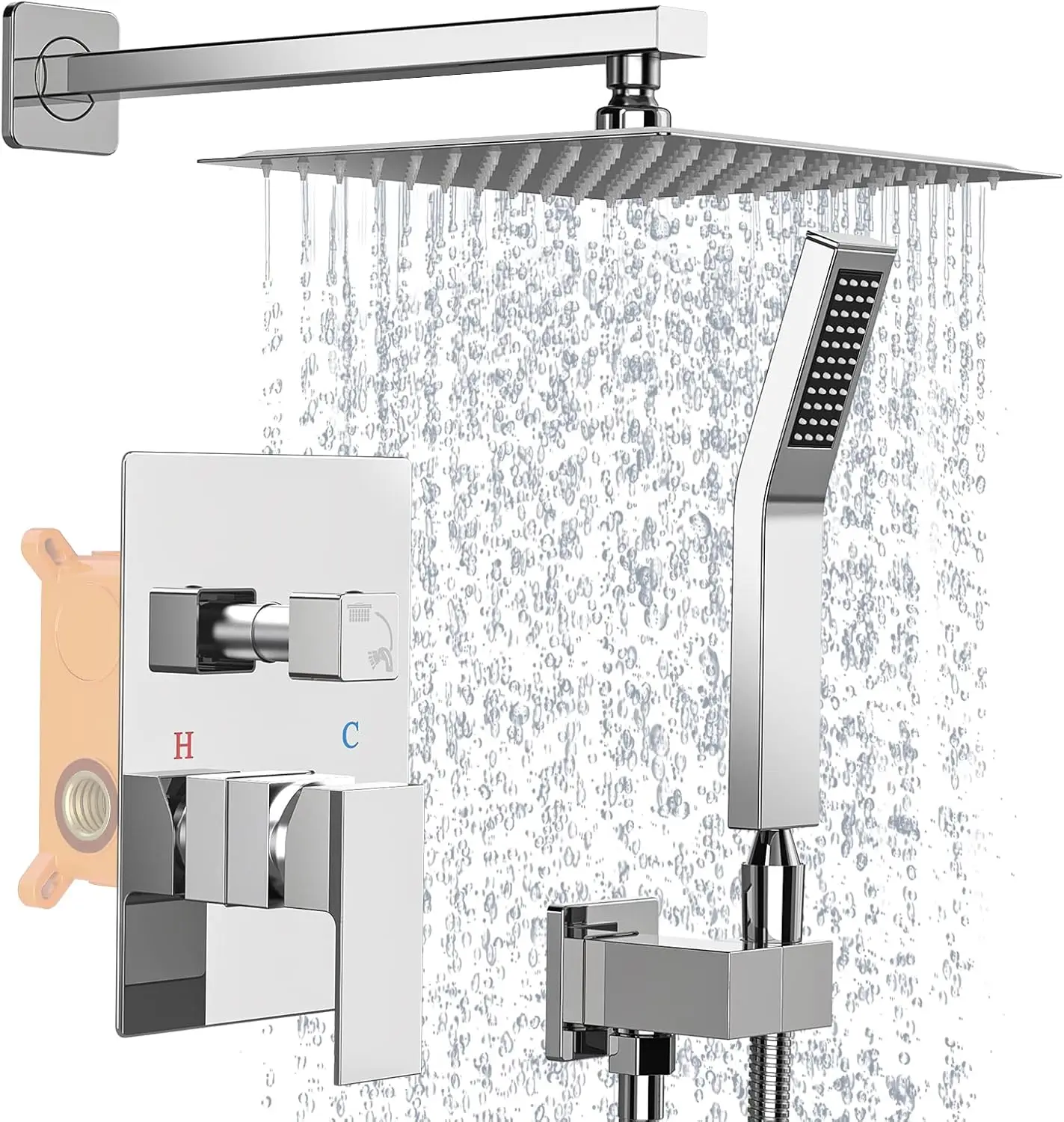 

High Pressure 10 Inch Square Rainfall Shower Head Wall Mount Faucet Set with Hand Sprayer Combo Outdoor Rain Shower System