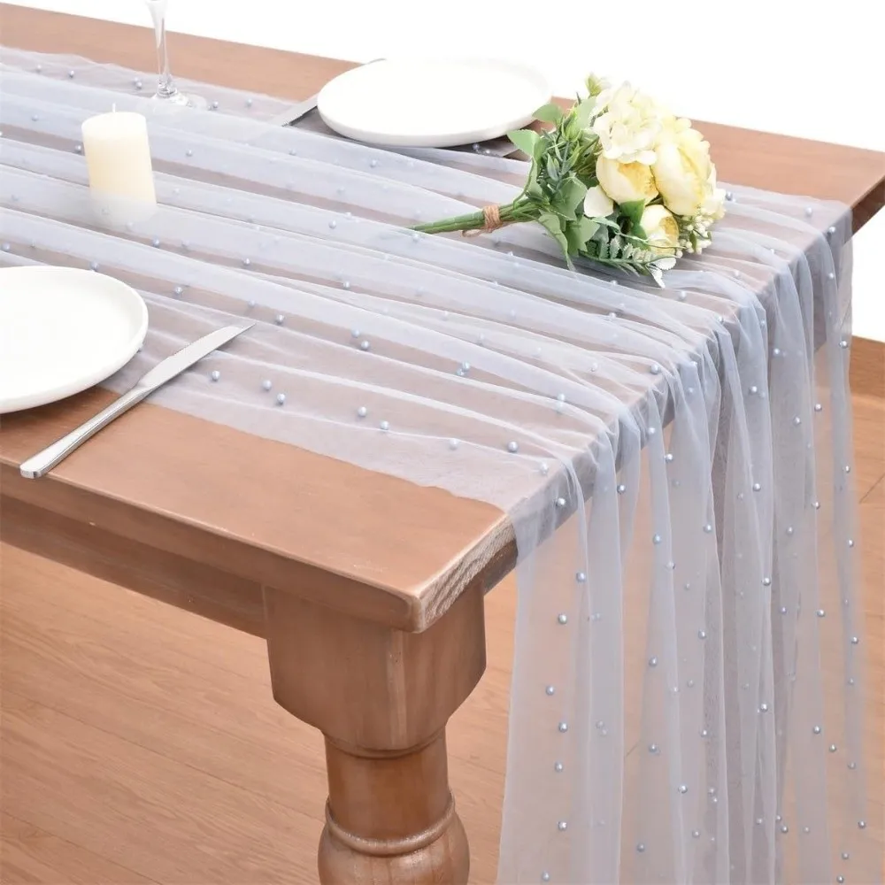 0.75*3 Meters Table Flag Semi Transparent Gauze Mesh Pearl Chiffon Pearl Tulle Sheer Drapes Table Cloth Birthday Party