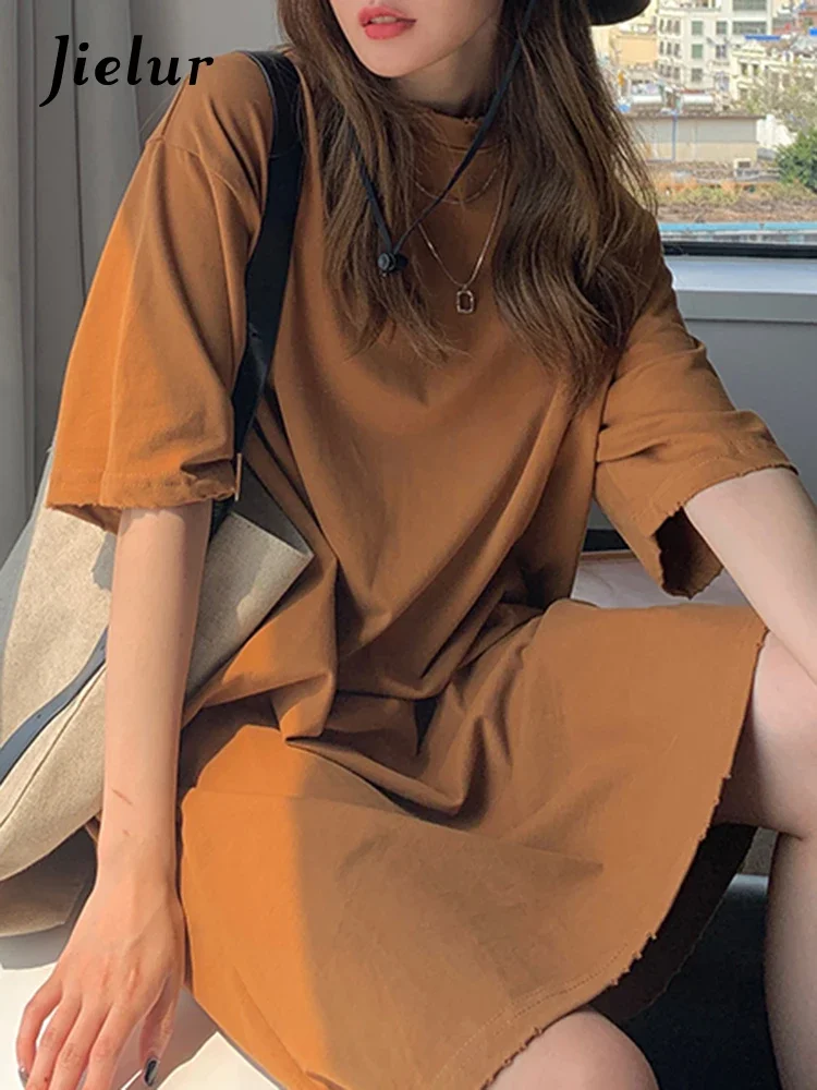 Jielur 여성용 코튼 화이트 원피스, 짧은 소매, 심플하고 루즈한 커피 블랙 원피스, 단색 롱 탑, 여성 드레스 M-XL, 여름