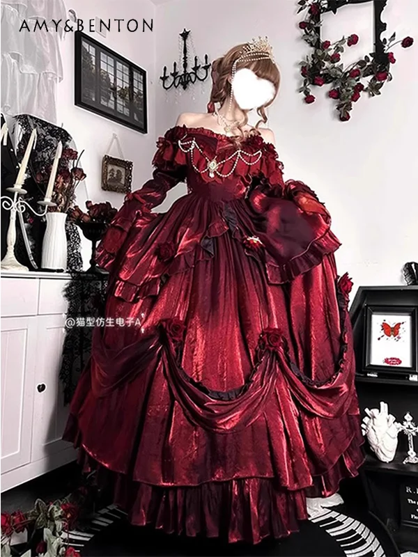 

Vintage High-end Luxury Lolita Dress for Women Three-dimensional Rose Heavy Industry Tutu Princess Dresses Birthday Party Dress