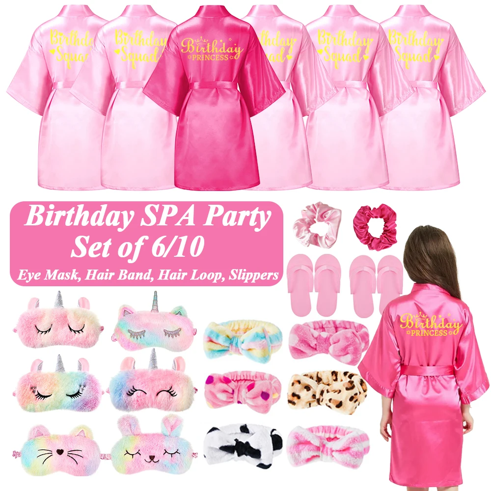 Birthday Spa Party for Girls Satin Bathrobe Child Kit kimono Girl Pajama Gown Unicorn Animal Plush Sleep Eye Mask Party Princess