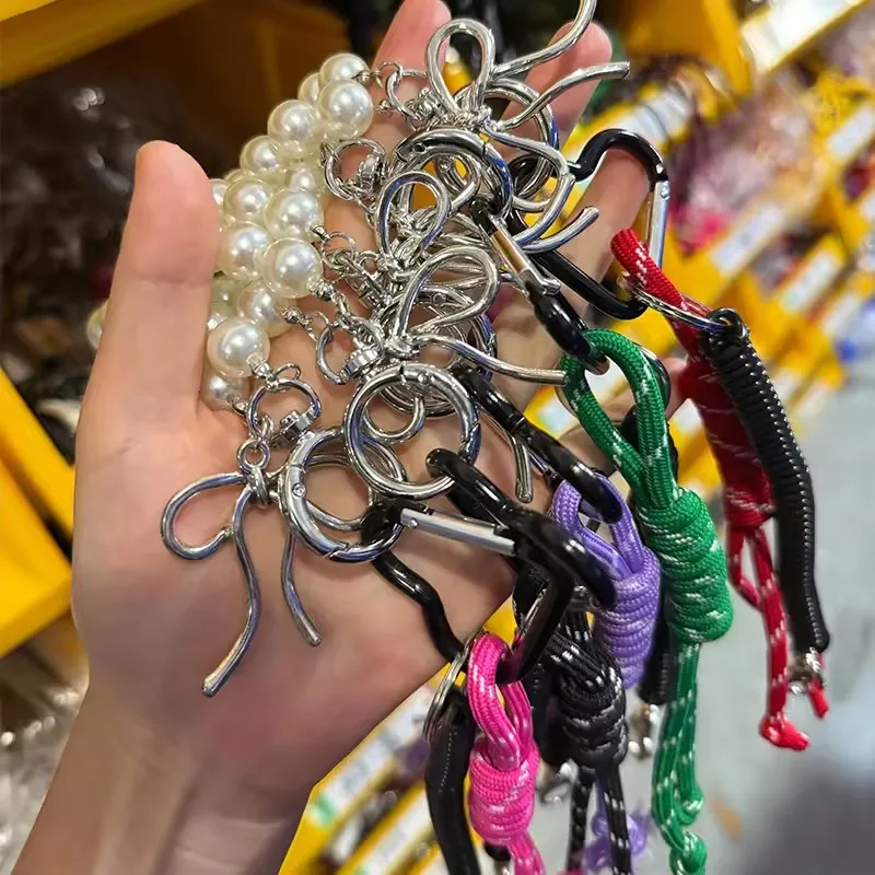 Multi-Functional DIY Imitate Pearl Bow Keychain Lock Chain Hand Woven Ropes Lady Phone Case Hanging Ornaments Bag Accessories