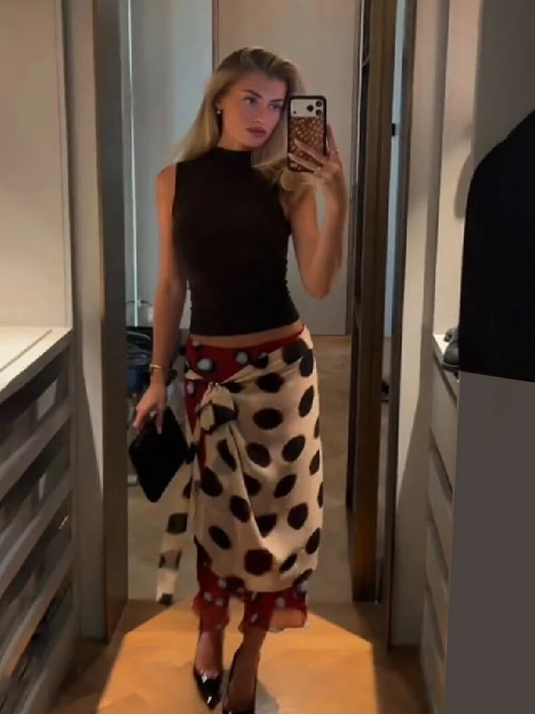 Women Chic Polka Dot Wrap Midi Skirt Two Tone Print Side Tie Detail Flowy Chiffon Sarong Skirt Casual Summer Daily Party Wear