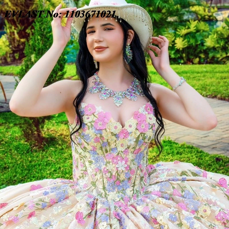 فستان كرة شامبانيا Quinceanera اللامع ، مزين بالزهور الملونة ، حلو 16 ، XV 15 ، 15 سنة ، SQ126