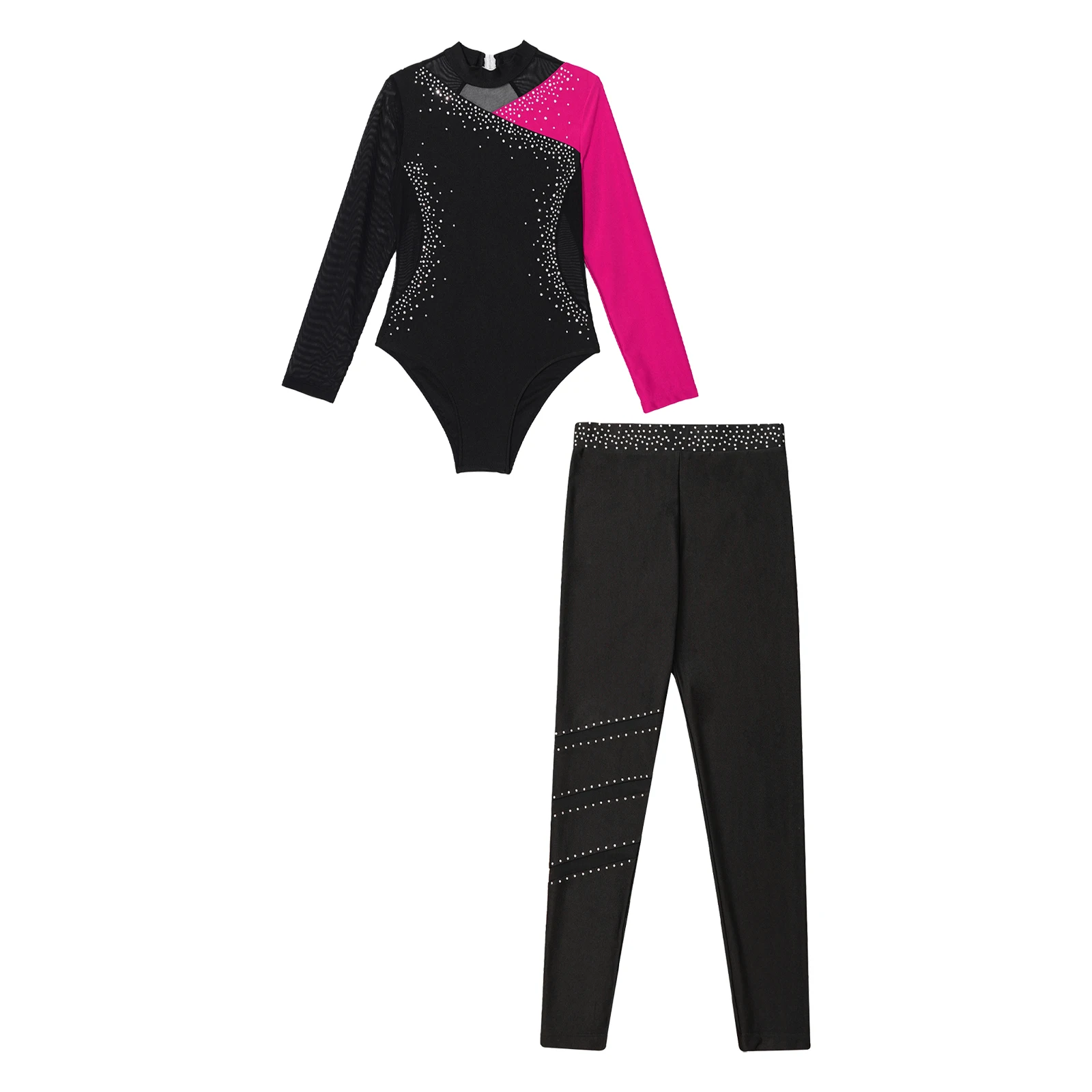 

Kids Girls Dance Gymnastics Figure Skating Leotard Ballet Dance Costume Shiny Rhinestone Long Sleeve Bodysuit and Leggings Pants