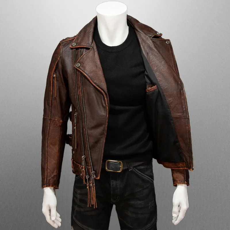 Plus Size 6XL Real Natural Cowhide Autumn Slim Fit Biker Coat 2026 Vintage Brown Genuine Leather Jacket Men Motocycle Style