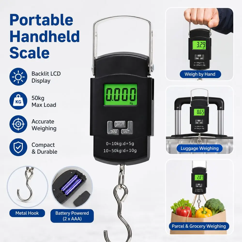 Battery Powered Electronic Hanging Scale LCD Backlit Display High Accuracy Digital Hanging Scale Metal Hook Portable