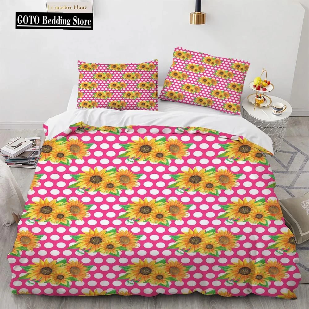 

Sunflower Botanical Duvet Cover Set,Printed Red Theme with White Circles Bedding Yellow Flowers and Green Leaves Floral Garden