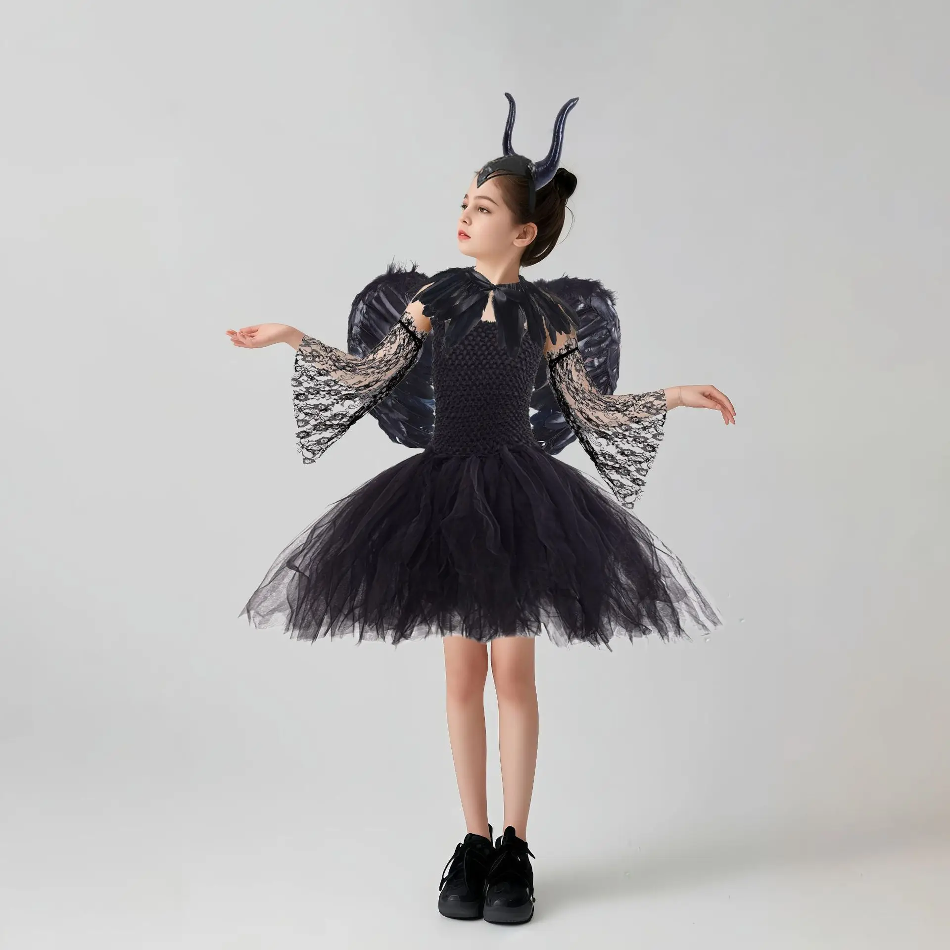 

HHalloween Costume Maleficent Tutu Dress For Girls Cosplay Evil Queen Black Mesh Princess Dress Kids Crow Wand Demon Witch Gown