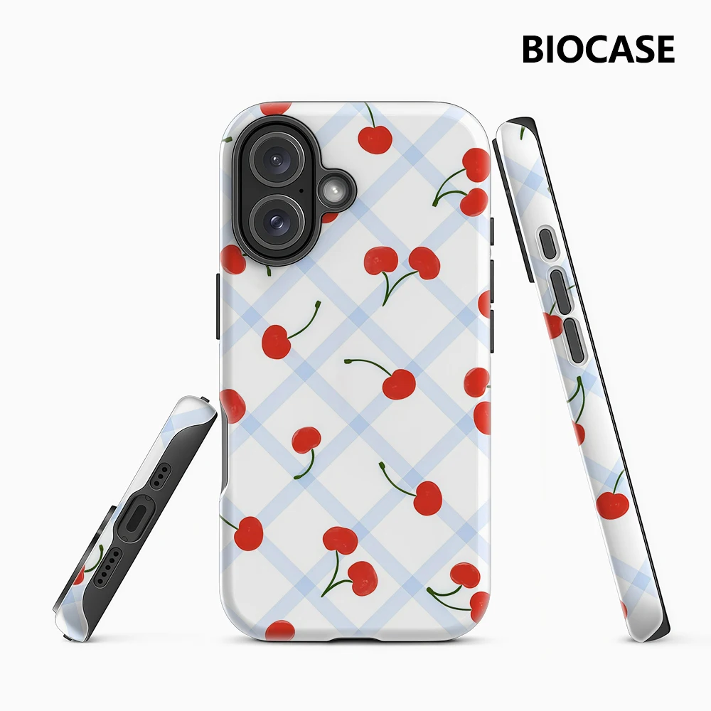 Rote Kirschen, blaues Schachbrett, iPhone 17 Must-Haves-Handyhülle für iPhone 17 16 15 14 13 12 Pro Max Plus, doppellagige Rückseite