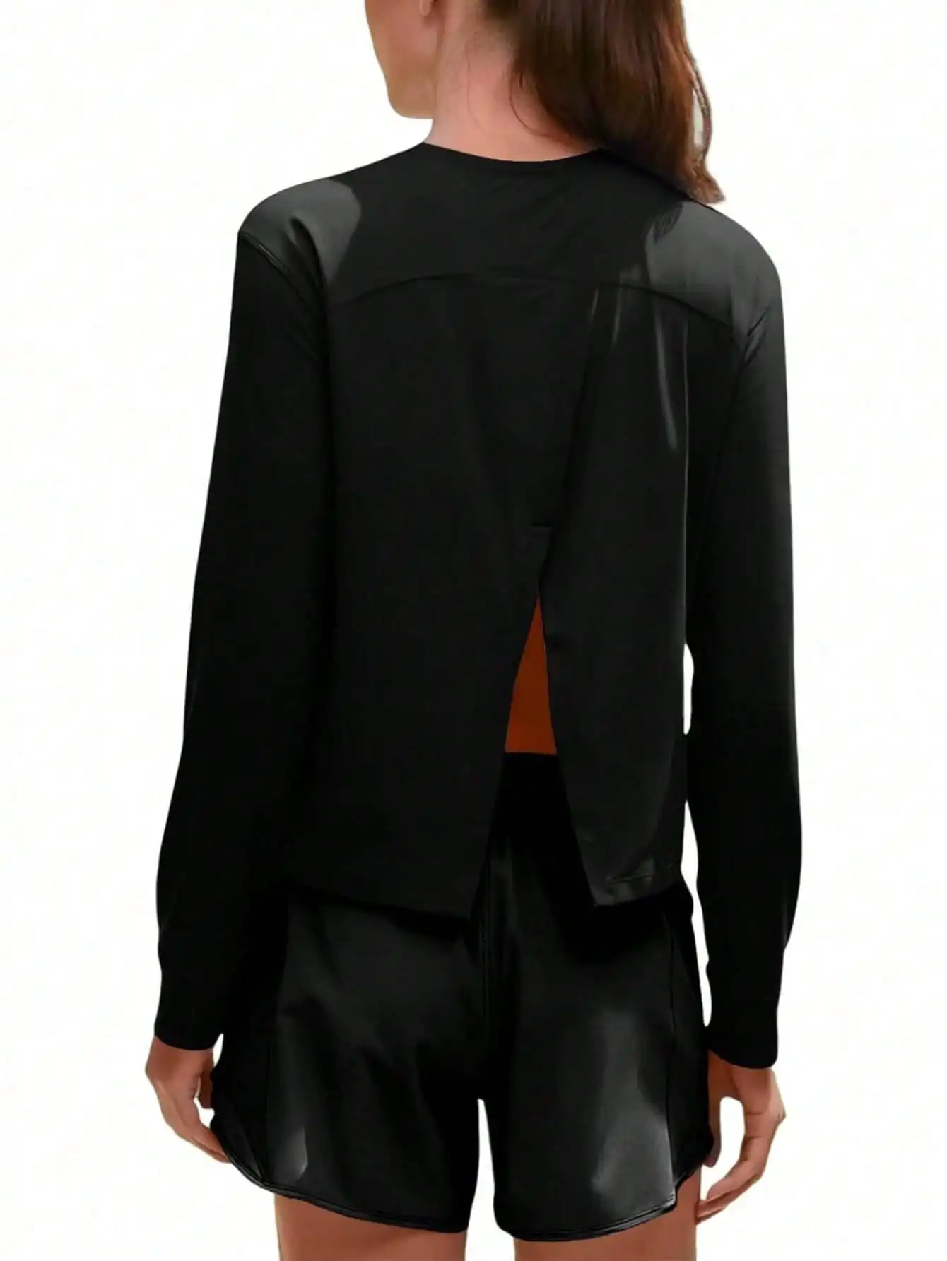 تي شيرت Fisoow نسائي بأكمام طويلة للتمرين كاجوال من الخلف ورقبة دائرية رياضية فضفاضة للجري والصالة الرياضية وخفيف الوزن يسمح بالتهوية #2