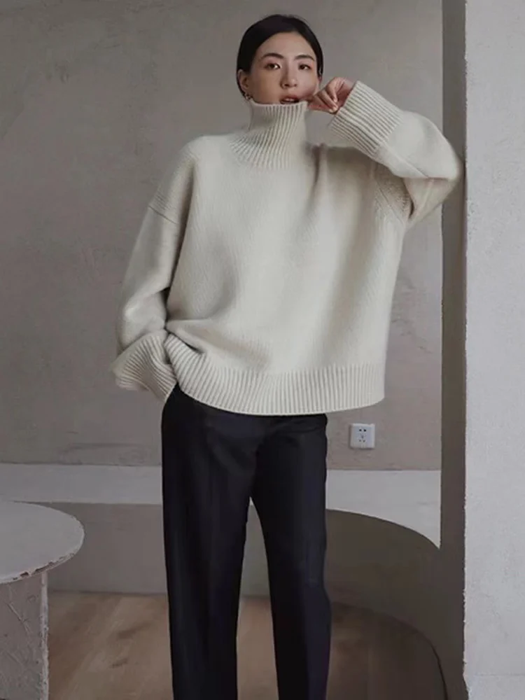 Maillard 100% pure wool sweater for women, loose and thick, lazy style base, knitted silhouette, high neck sweater