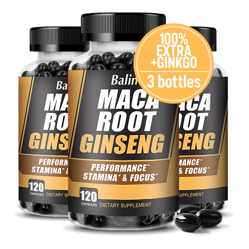 Maca Root Capsules (containing black maca) + red ginseng extract for women and men, reproductive health and natural energy suppl