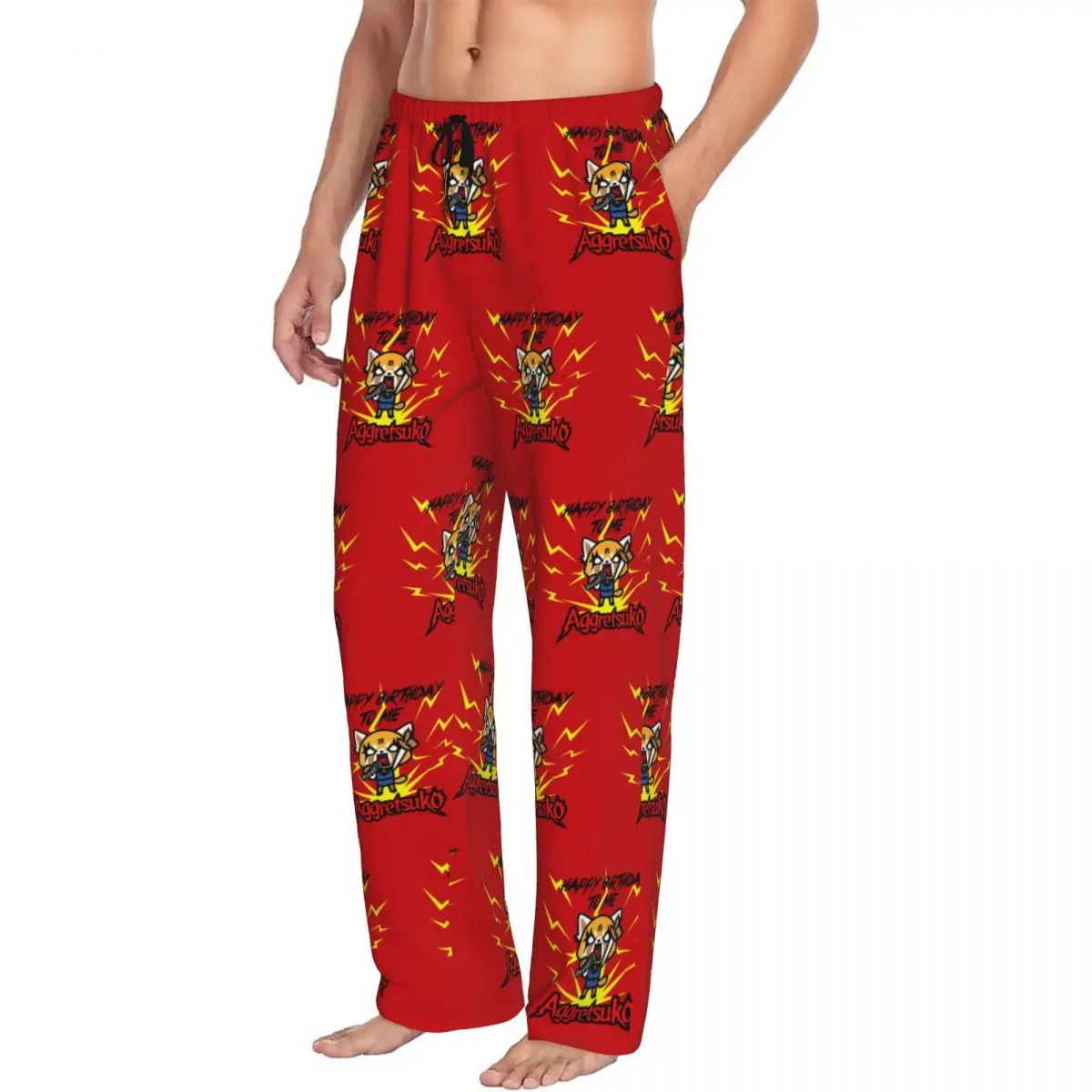 Benutzerdefinierte aggressive Retsuko-Pyjamahose für Herren, Cartoons, Lounge-Schlaf-Nachtwäsche mit Kordelzug und Taschen