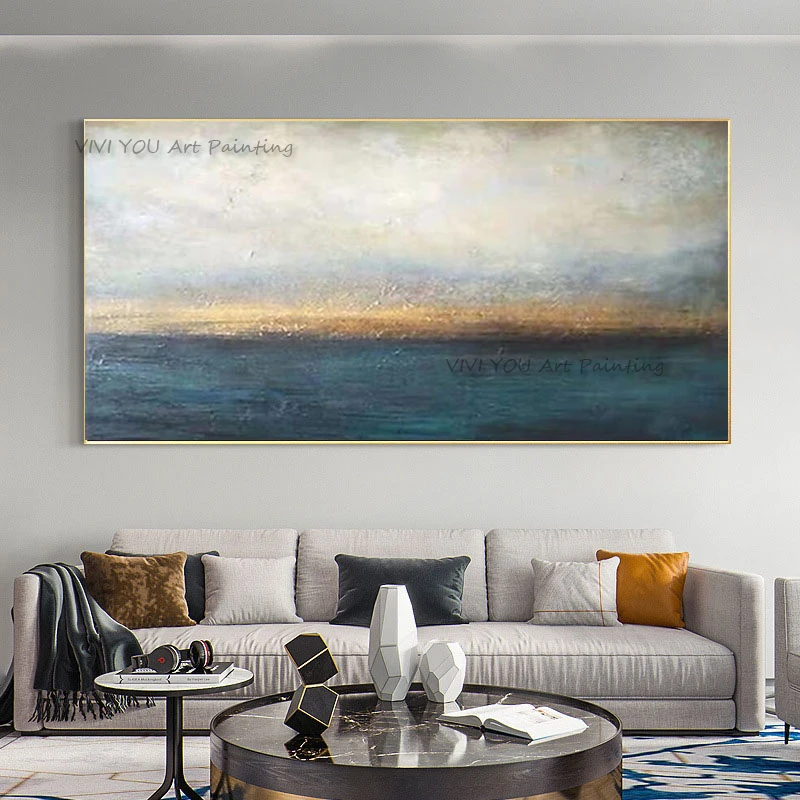 Handpainted Modern Indoor Decoration Abstract Gold and Blue On The Wall Oil Painting On Canvas For Living Room Sofa