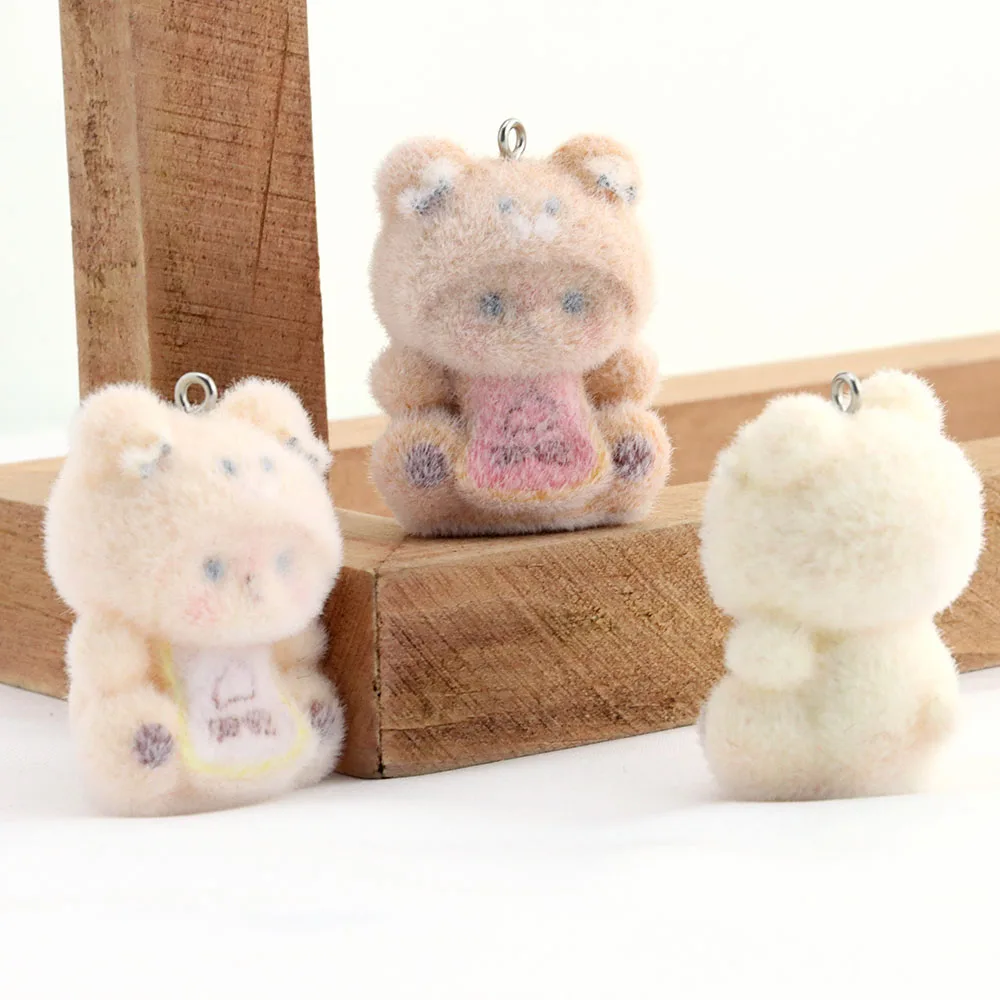 

3Pcs Resin Flocked Little Bear Cute Animal Keychain Pendant DIY Hanging Bag Accessories Wholesale