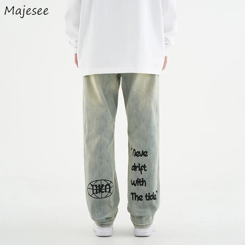 Jeans Men Vintage Baggy Handsome Personality Streetwear Washed Fashion High Waist American Style Full-length Straight Trousers