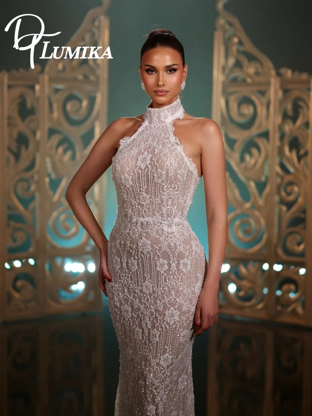 

Exquisite Halter Neck Lace Mermaid Wedding Dress 2026 Sequin Bridal Dress Ethereal Floor-Length Bridal Gown Vestidos De Novia