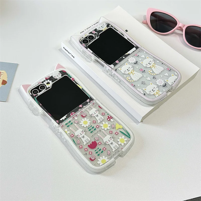 Phone Cases For Samsung Galaxy Z Flip 6 5 4 3 ZFlip6 Z Flip6 ZFlip 6 Cute Flower Cat Bracelet Cat Ears Shockproof Back Cover image 6