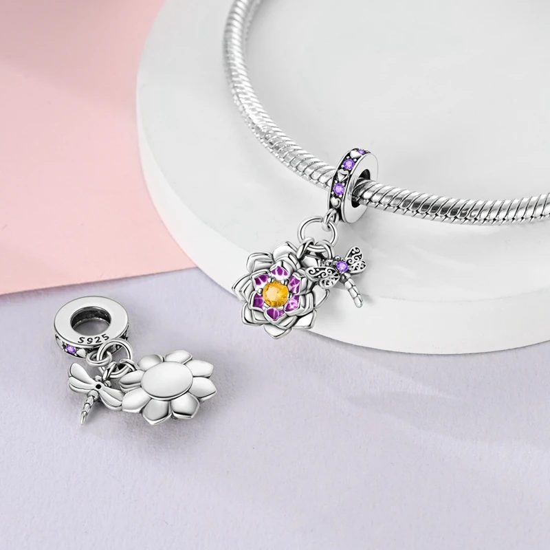 

Оригинальный шарм из серебра 925 пробы: фиолетовая стрекоза и водяная лилия, подвеска-бусина для ожерелья, подходит для браслетов, женские украшения, аксессуар для создания украшений своими руками, подарок