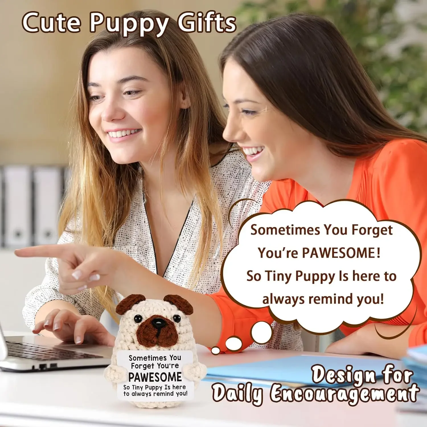 مضحك الكروشيه الطاقة الإيجابية جرو مع بطاقة سطح المكتب زخرفة اليدوية محبوك الدعم العاطفي دمية كلب غرفة المنزل الديكور