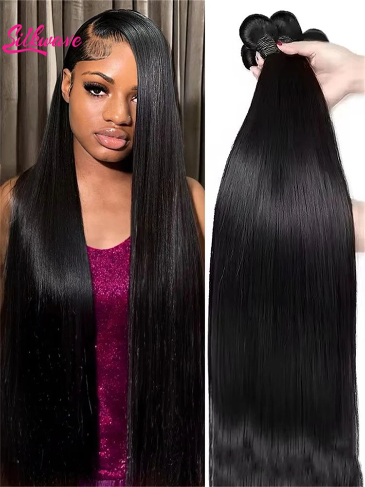 

Silkwave бразильские 30-дюймовые необработанные девственные необработанные 100% человеческие волосы для наращивания, прямые кости 1, 3, 4 пучка, парики с двойным утком