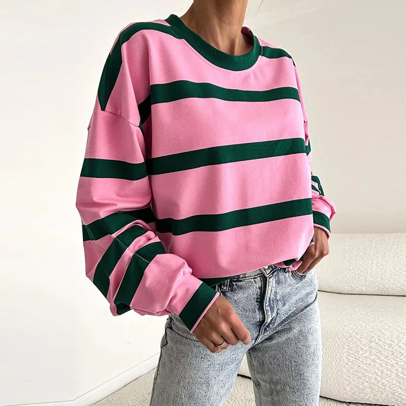 Y2K Hoodies Casual Striped Print Sweatshirts Woman Fall Round Neck Loose Top Pullover 2024 Winter Long Sleeve T-shirt Sweatshirt