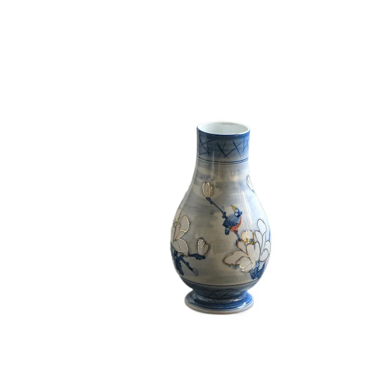 Chinese orchid flower gilt flower and bird ceramic vase Jingdezhen blue and white porcelain ornament light luxury high-end