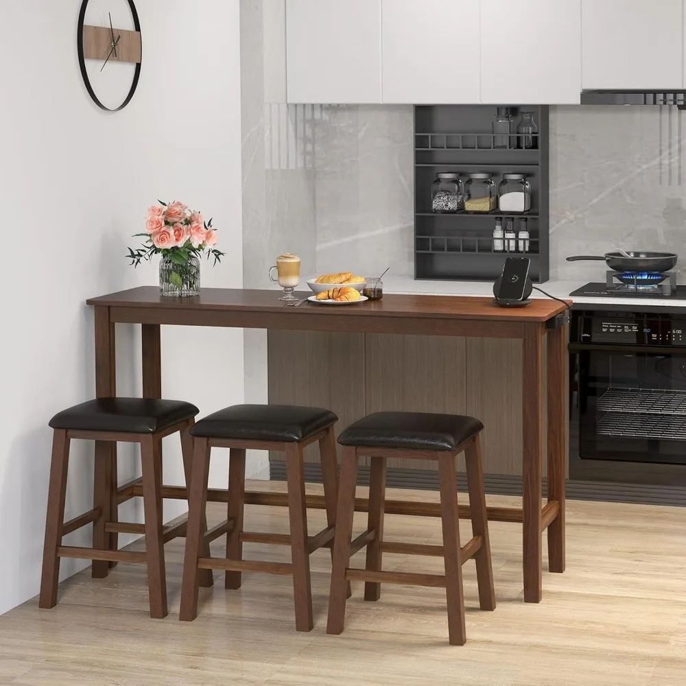 Dining Table Set, Kitchen Table Set, 4-Piece Counter Height Dining Set with 3 Upholstered Stools, Power Socket, Bar, Customized