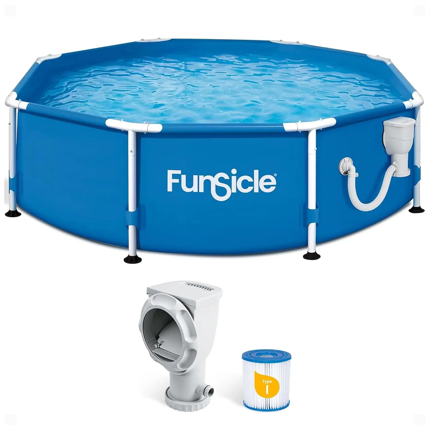 

8ft x 30in Round Above Ground Swimming Pool with 400 GPH Filter Pump Auto Skimmer Type I Cartridge & Repair Patch, Custom
