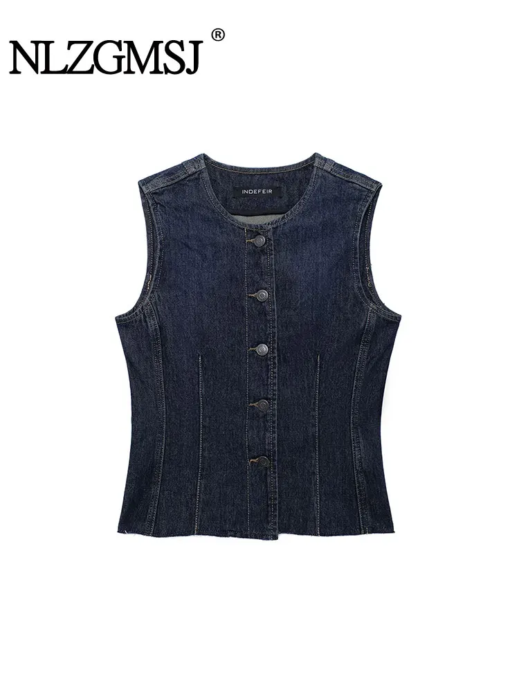 

TRAF 2024 Autumn Casual Denim Vest Women Solid O-Neck Sleeveless Single Breasted Jacket Fashion Coats