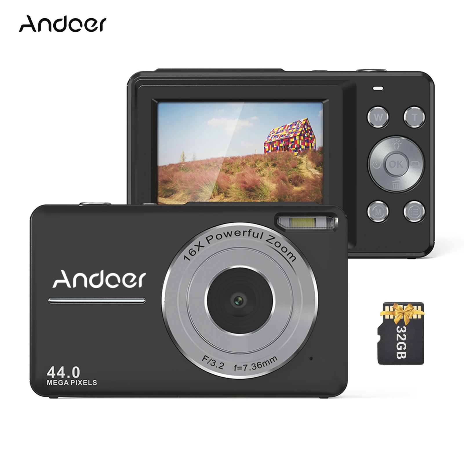 Andoer 1080P Digital Camera  44MP Auto Focus 2.5 IPS Screen 16X Digital Zoom Anti-shake Face Smile Capture Built-in Battery