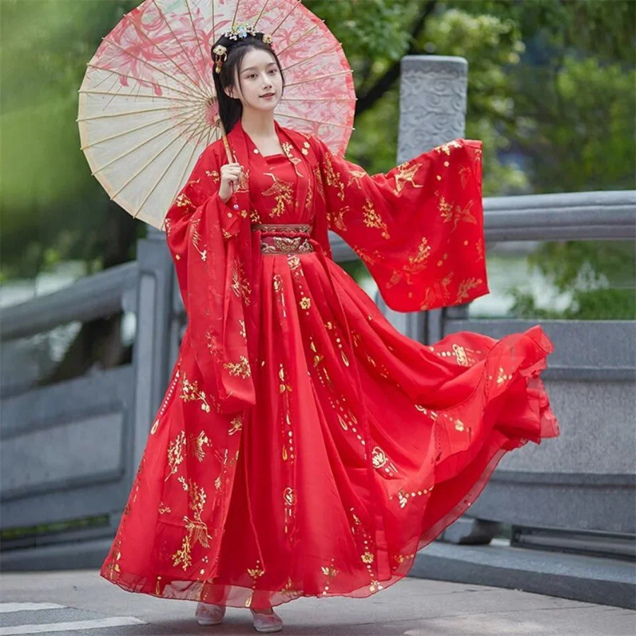 Chinese Hanfu Dress Women Traditional Vintage Hanfu Halloween Cosplay Costume Dance Dress Hanfu Gradient Red white 4pcs Sets