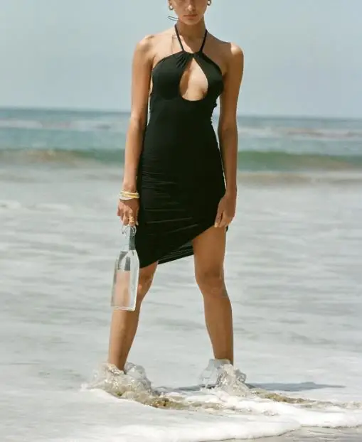 

Summer sexy hollow neck camisole dress, suitable for beach women to wear, backless slit slim fit, niche spicy girls' dress