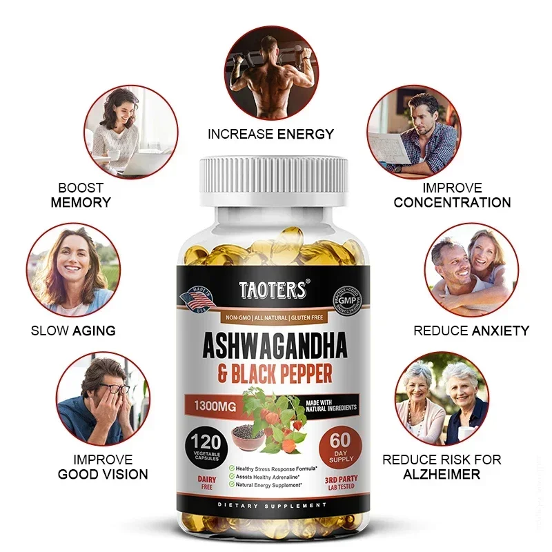 Ashwagandha with Black Pepper Extract - 1300 Mg, Mood & Energy Support Supplement, Immunity, Gluten & Soy Free