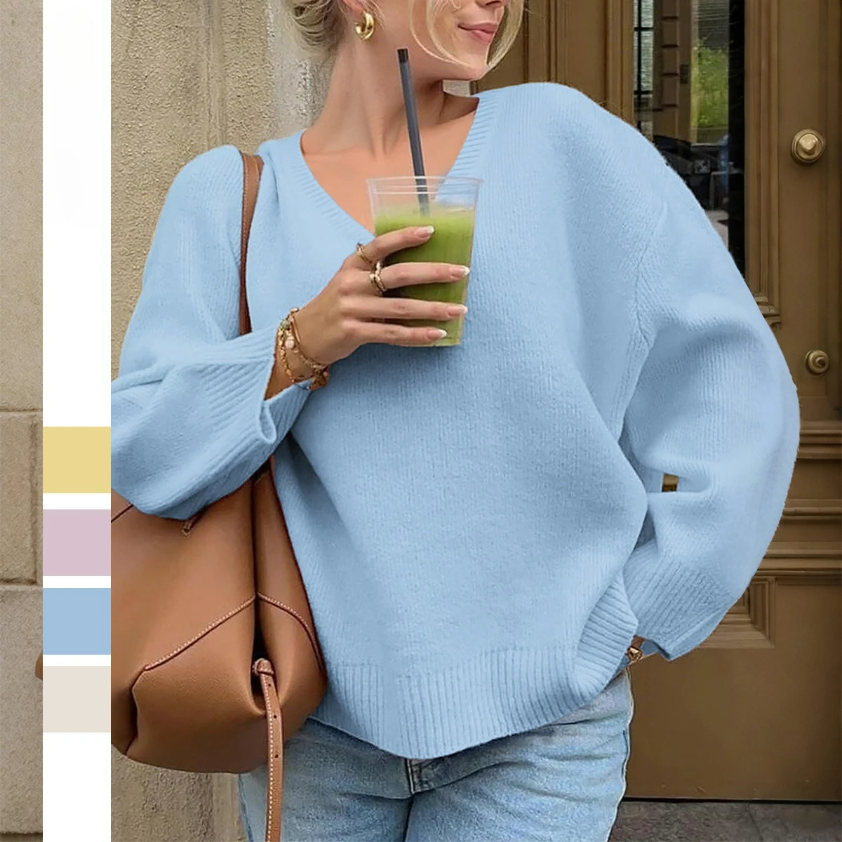 CaCasual الصلبة طويلة الأكمام قميص صوفي البلوفرات ملابس نسائية في الخريف/الشتاء 2025 بسيطة أنثى موضة فضفاضة محبوك سترة #1