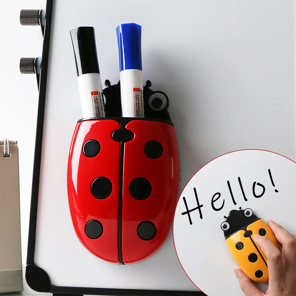 Ein Marienkäfer-Magnetstifthalter für Tafel und Whiteboard, Samt-Stifthalter, Dual-Use für Aufbewahrung und Radiergummi, Cartoon-Kunststoffbox für die Aufbewahrung zu Hause, Raumdekoration,
