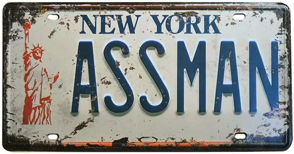Etiqueta numérica clásica vintage, Assman New York con Estatua de la Libertad, Placa de matrícula Seinfeld Cosmo Kramer, 6" x 12" / 15 cm