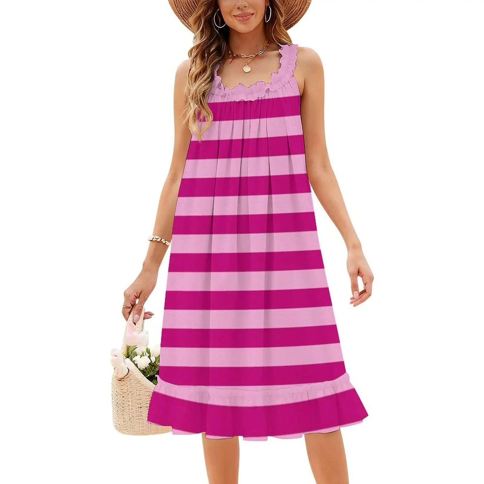 فستان بوهيمي عتيق بخطوط وردية بأكمام منتفخة أو خيارات بدون أكمام للنساء فستان وردي مخطط وردي واسع مخطط #1