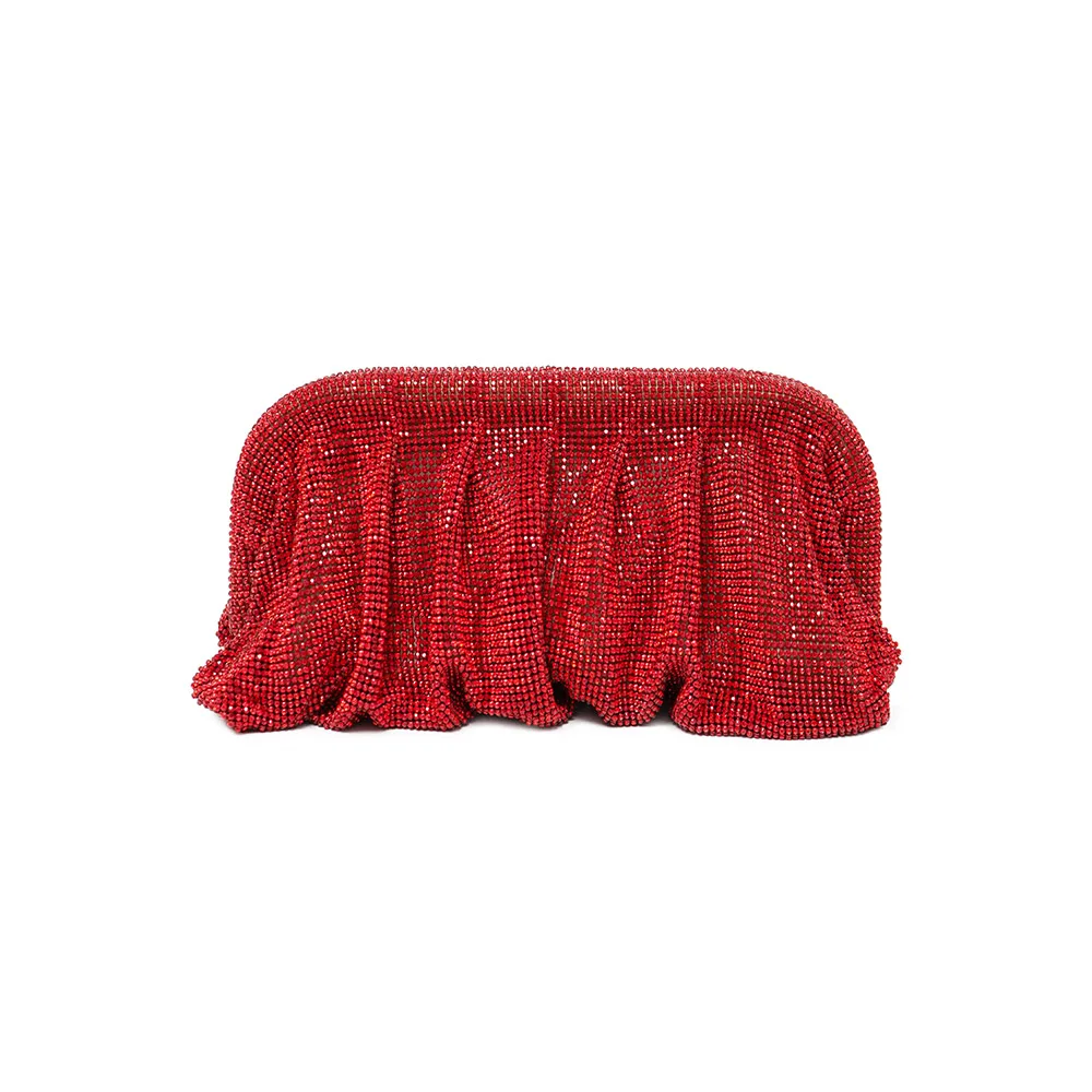 Red Aluminum Mesh Rhinestone Pleated Cloud Clutch Bag, Women Evening Purse with Detachable Chain, Multi-use Crossbody Shoulder B - view 2