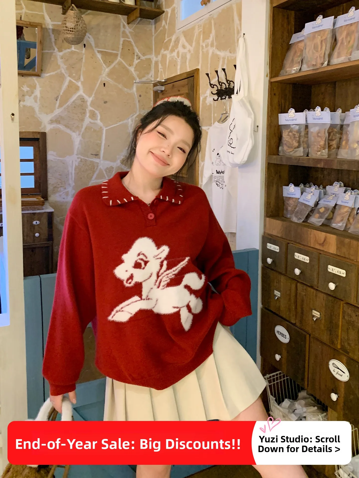 

Красный свободный свитер с вышивкой для женщин, милый, уютный, новогодний дизайн, бренд YUZI, пушистый топ с длинными рукавами