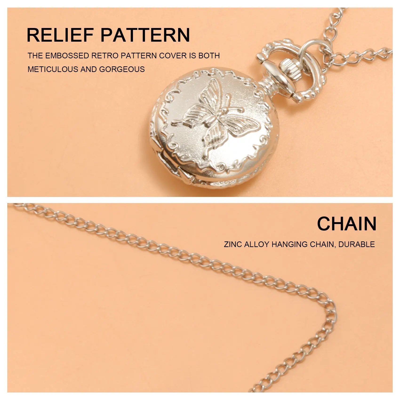 T27C Silver Quartz Butterfly Arabic numerals Pocket Watch with Vintage Necklace