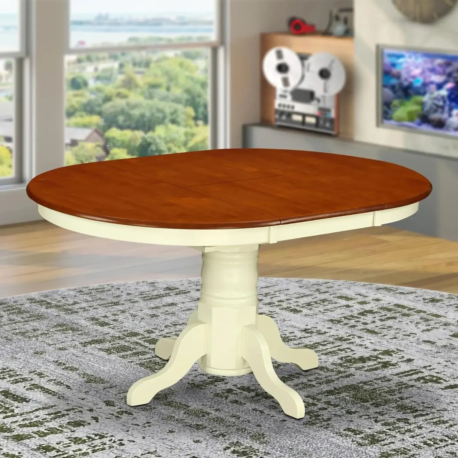 Kitchen Dining Table - an Oval Wooden Table Top with Butterfly Leaf & Pedestal Base, 42x60 Inch, Buttermilk & Cherry